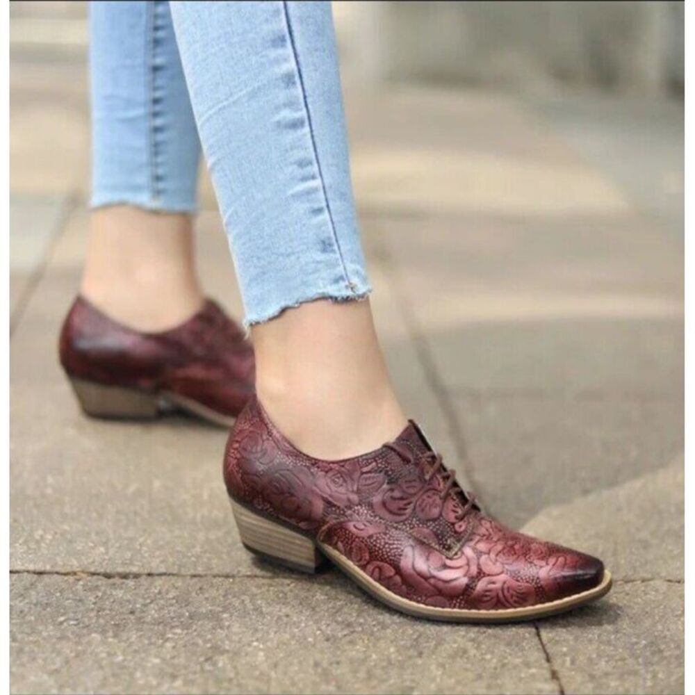 Tooled‎ Embossed Leather Oxford Bootie Reddish Brown Leather Women's US 8 39 EUR